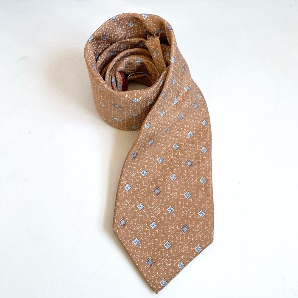 ITALIAN MADE SILK TIE SALMON BLUE GREY BURGUNDY DIAMOND PATTERN S.C DURANT